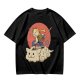 Olive T-shirt with a cat warrior riding a flying cloud graphic