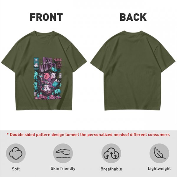 Olive green graphic tee with neko necromancer cat wizard art