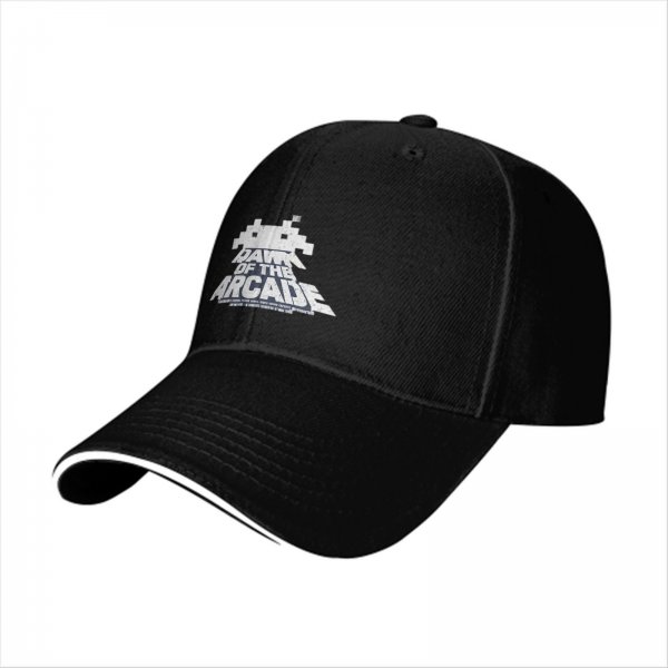 Black baseball cap with 'Dawn of the Arcade' and space invader graphic