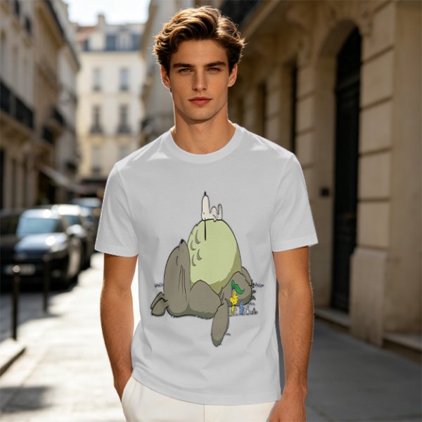 Olive T-shirt with whimsical forest spirit and small animal graphic print
