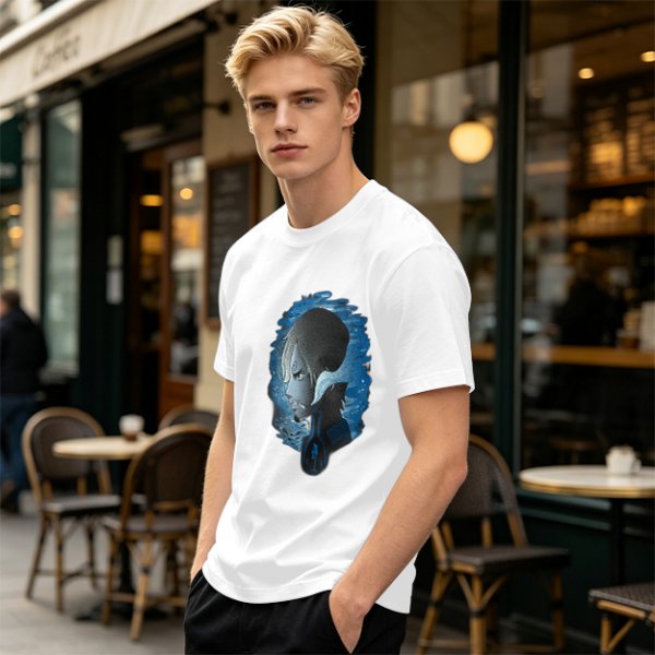 Olive T-Shirt With Anime Character Profile In Blue Cosmic Print