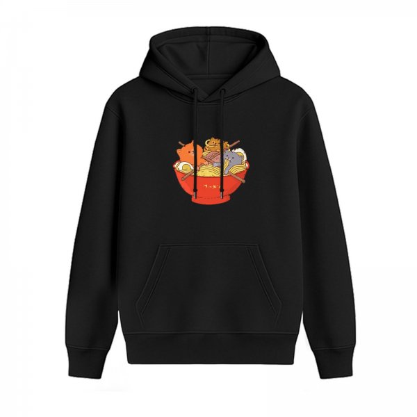 Black hoodie with cute cats in ramen bowl graphic