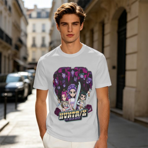 Olive Graphic Tee with Anime Hunter Characters and Huntr/X Text