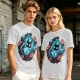 Olive t-shirt with space astronaut cat and goldfish graphic