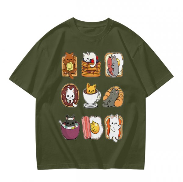 Olive T-Shirt With Cute Breakfast Cat Graphic Print