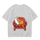 Olive green t-shirt with a sleeping orange cat on a red armchair print