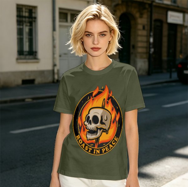 Olive T-Shirt With Roast In Peace Flaming Skull Graphic