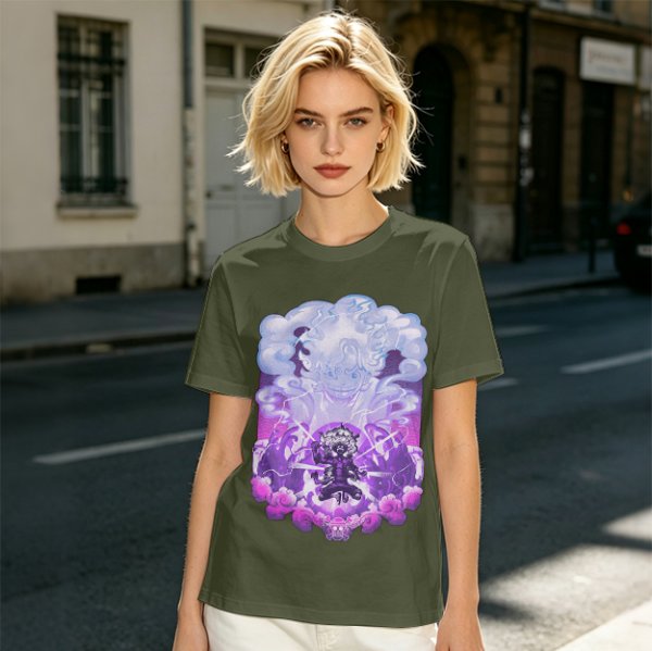 Olive T-shirt with Luffy Gear 5 Sun God Nika Anime Graphic Print