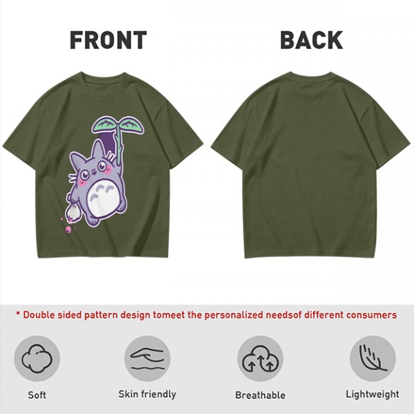 Olive T-Shirt With Cute Chibi Totoro Holding Leaf Print
