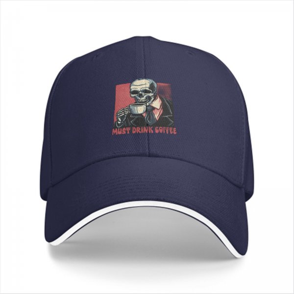 Black baseball cap with skeleton drinking coffee must drink coffee print