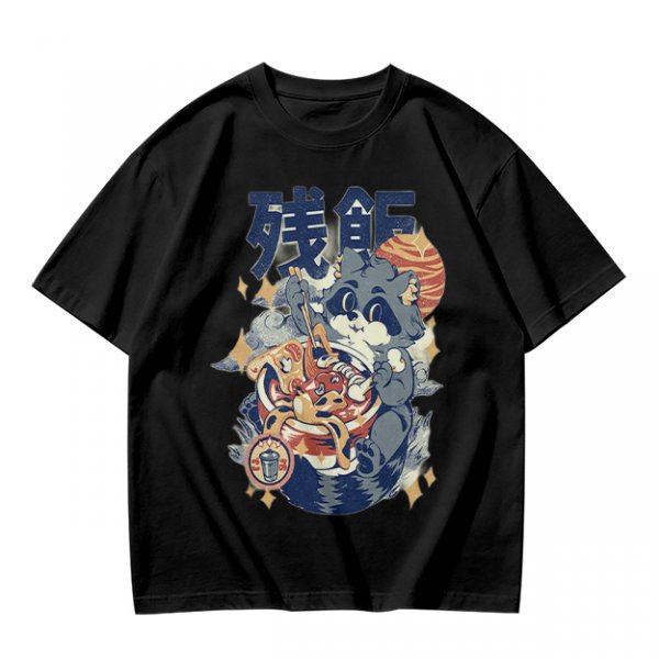 Olive green graphic t-shirt with raccoon eating ramen print