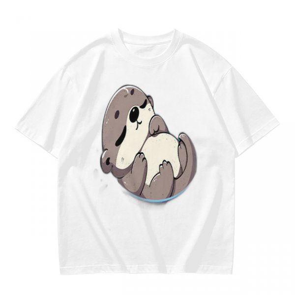 Olive Green T-Shirt with Cute Sleeping Otter Graphic