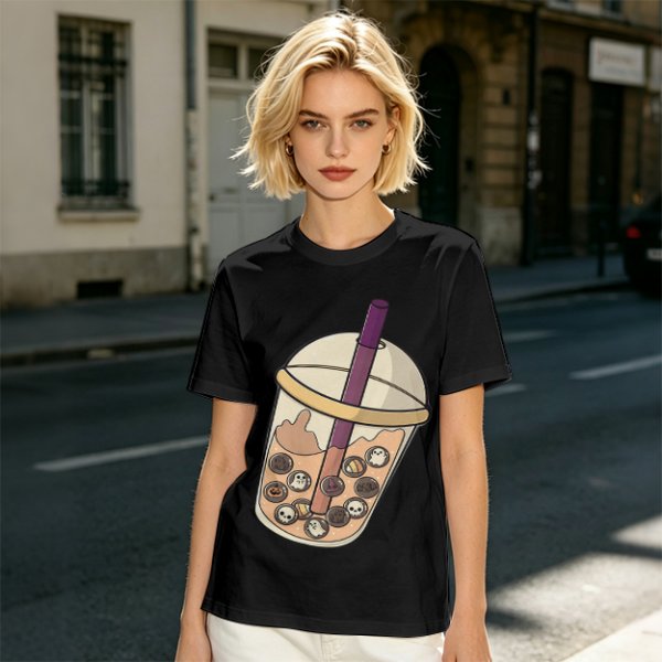 Olive T-Shirt With Halloween Themed Boba Tea Graphic