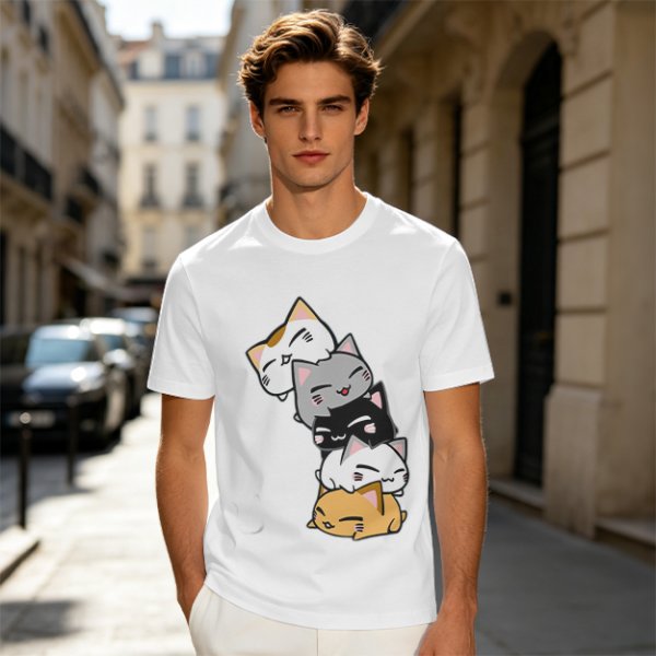 Olive T-Shirt With Stacked Cute Chibi Cats Graphic