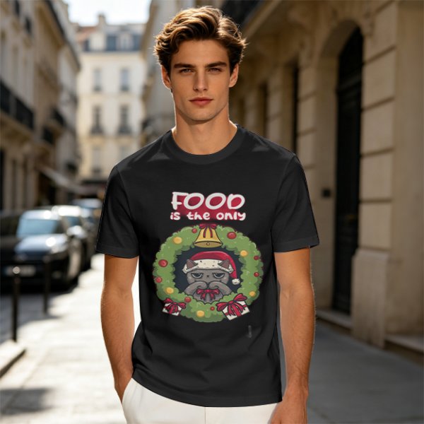 Food is the only Christmas grumpy cat wreath graphic tee