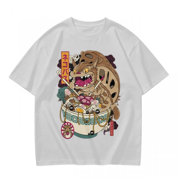 Olive t-shirt with cat bus ramen bowl graphic print
