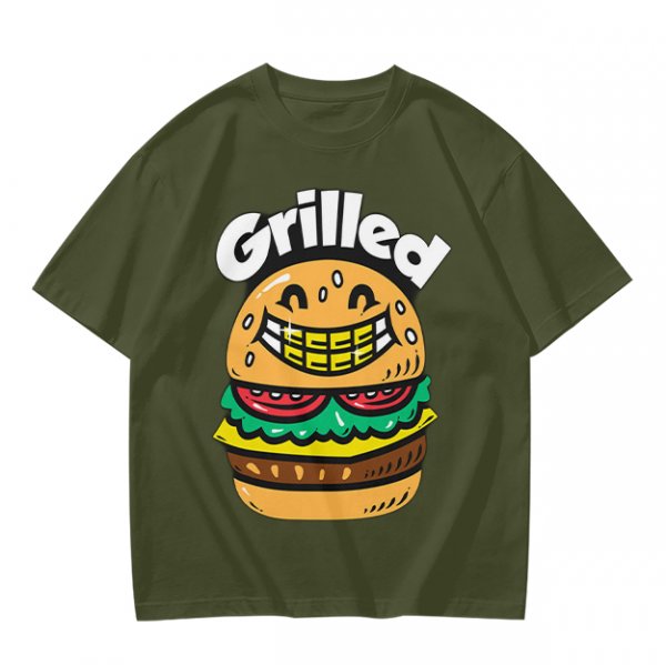 Olive T-Shirt with Smiling Grilled Burger Graphic