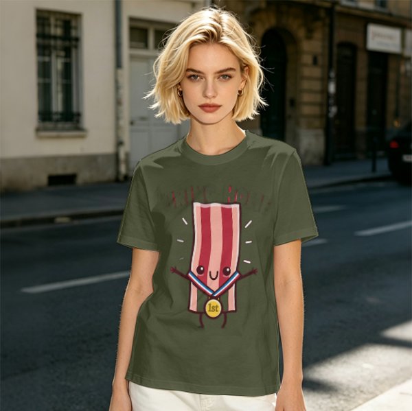Olive T-Shirt With Cartoon Bacon Champion Medal Print