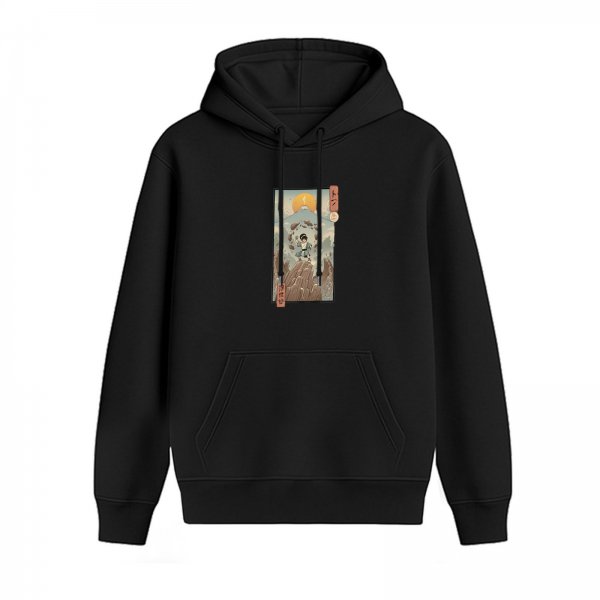 Black hoodie with ukiyo-e style mountain warrior graphic