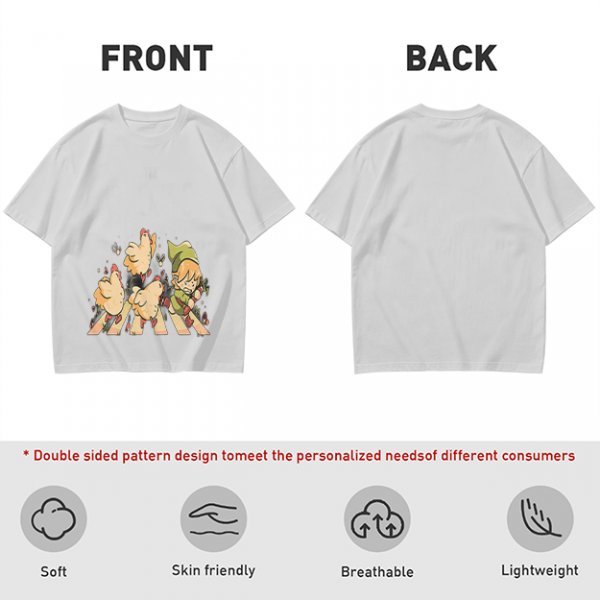 Olive Green T-Shirt With Chasing Chickens And Elf Character Print