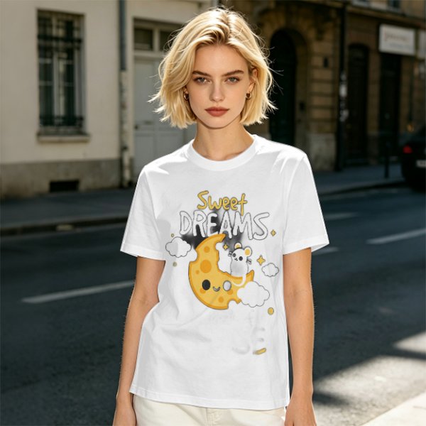 Olive t-shirt with sweet dreams cheese moon and mouse graphic