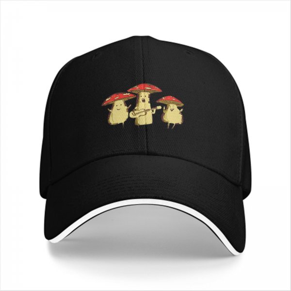 Black baseball cap with singing mushroom band graphic