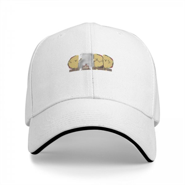 Black baseball cap with cartoon tacos gathered around a campfire graphic