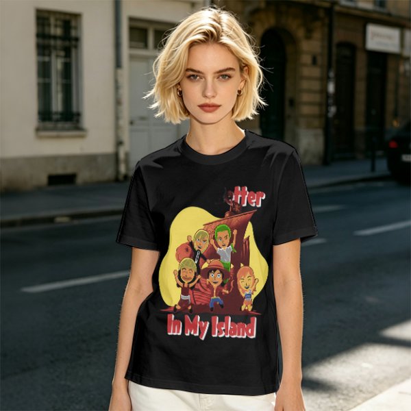 Olive T-Shirt With One Piece Anime Crew 'In My Island' Print