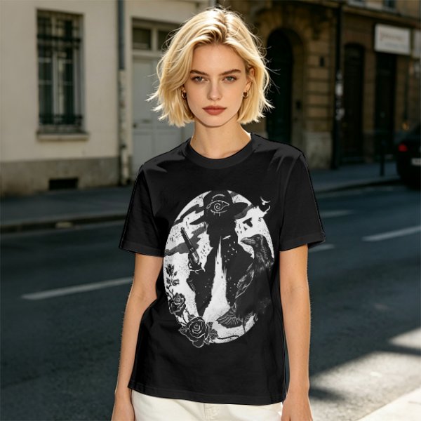 Olive T-Shirt With Western Gunslinger Crow And Roses Graphic