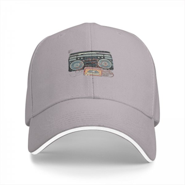Black Baseball Cap with Retro Boombox and Cassette Print