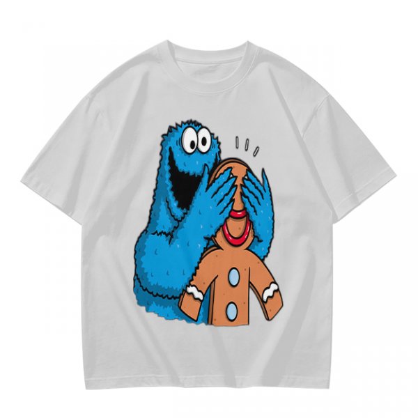Olive T-shirt with Cookie Monster covering gingerbread man’s eyes