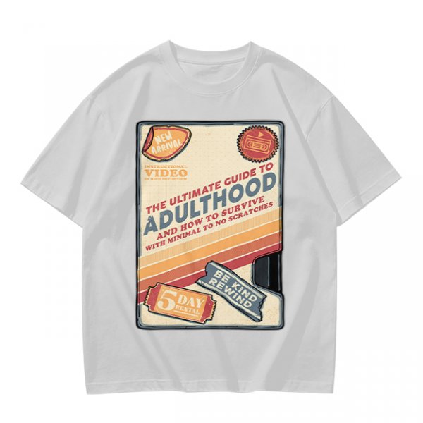Olive t-shirt with retro guide to adulthood VHS-style print