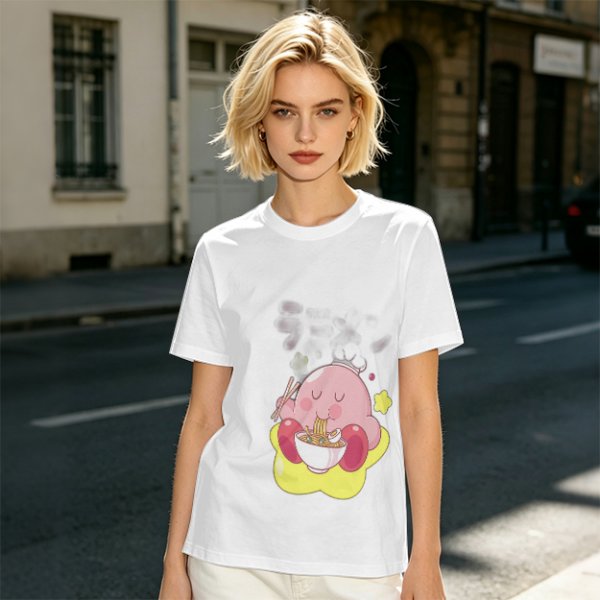 Olive T-shirt Featuring Kirby Eating Ramen on a Warp Star