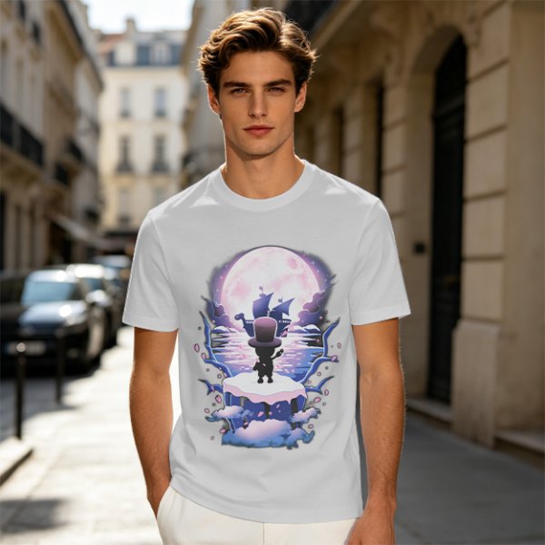 Olive T-Shirt With Moonlit Pirate Ship And Silhouette Figure Print