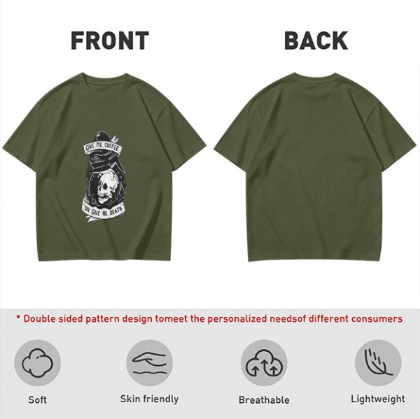 Olive Graphic T-Shirt With Give Me Coffee Or Death Skull Print