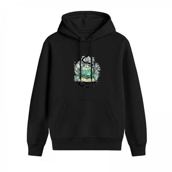 Black Hoodie With D20 Dice And Spellbook Fantasy Art Print