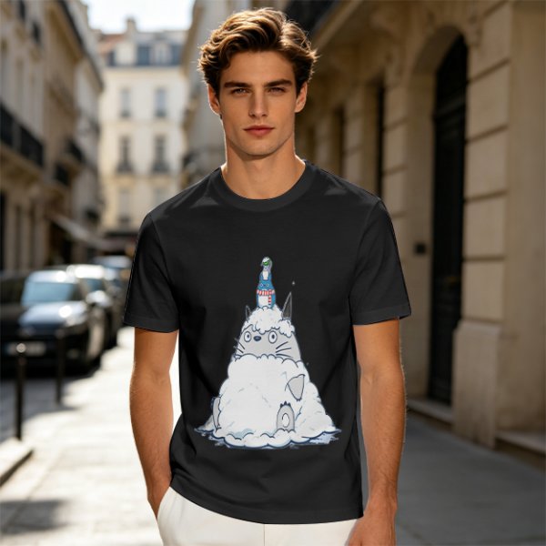 Olive T-shirt with Totoro in Snow and Small Blue Creature Print