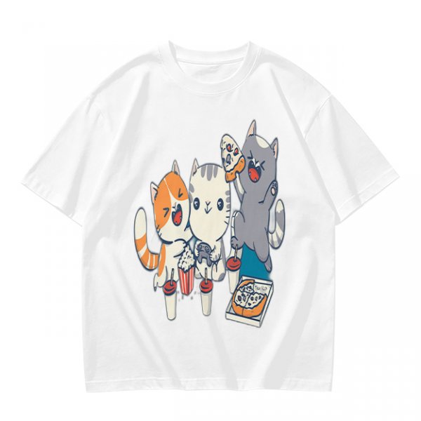 Olive T-Shirt With Cute Cats Enjoying Pizza And Snacks Print