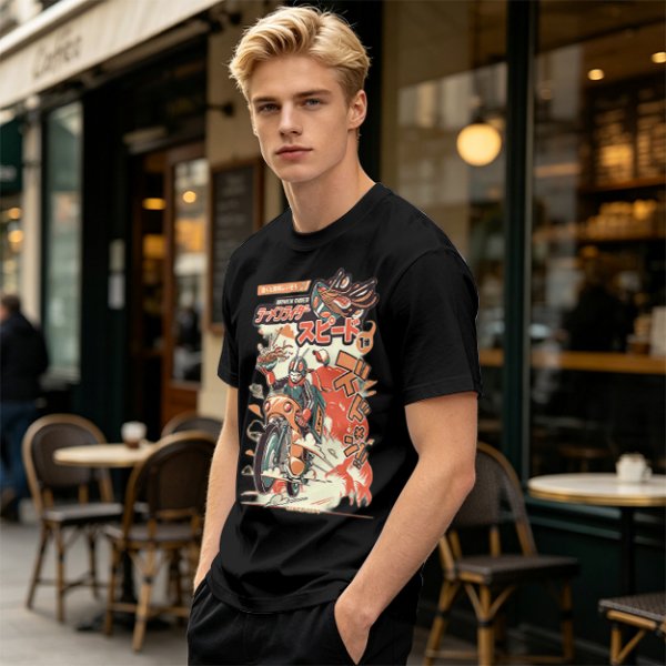 Olive green graphic tee with retro masked rider ramen motorcycle art