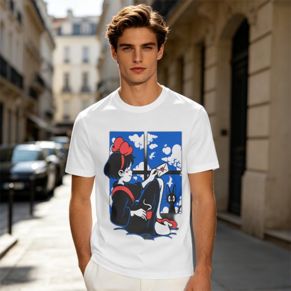 Olive t-shirt with Kiki's Delivery Service window print of girl reading letter