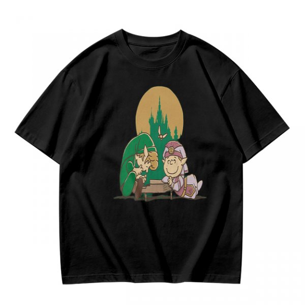 Olive Green T-Shirt With Zelda Themed Cartoon Characters Print