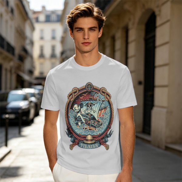 Olive Green Pirate Themed T-Shirt with Ship and Skull Graphic