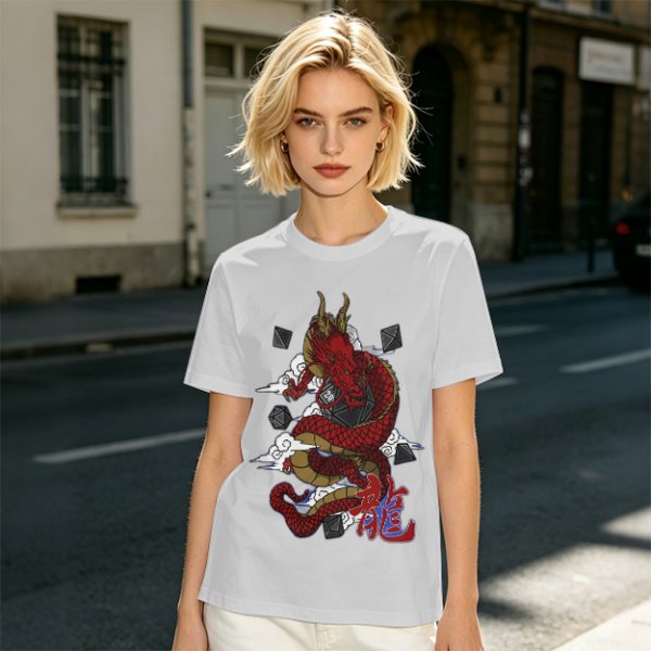 Olive T-shirt with Red Chinese Dragon and Cloud Graphic Print