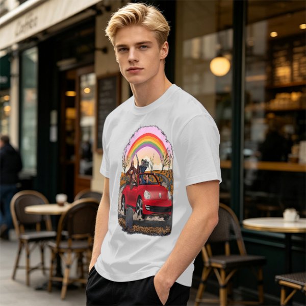 Olive T-Shirt With Red Convertible Car, Rainbow And People Graphic