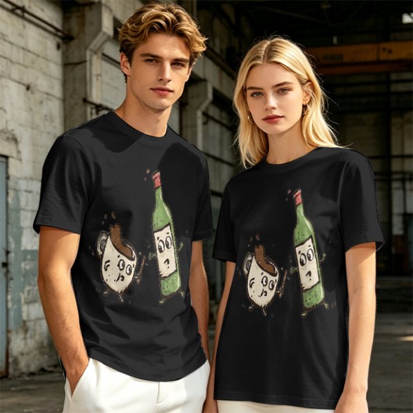 Olive T-Shirt With Cartoon Coffee Mug And Wine Bottle Print