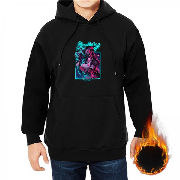 Black Hoodie with Cyberpunk Anime Female Character Graphic