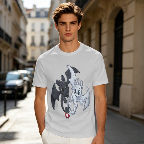 Olive T-Shirt Featuring Toothless and Light Fury Dragons