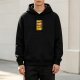 Black hoodie with yellow graphic print of stylized character panels