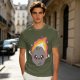 Olive green t-shirt with cute cartoon flaming asteroid graphic