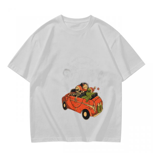 Olive T-Shirt with Skeleton and Friends in Christmas Car Print